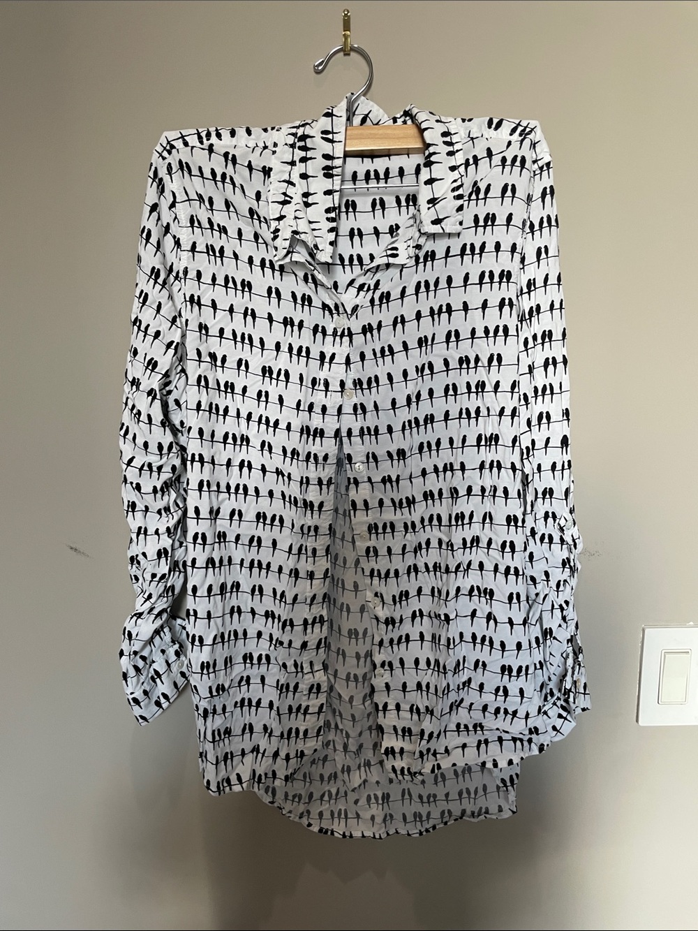 Jane and Delancey White Button-Down Shirt with Black Bird Pattern